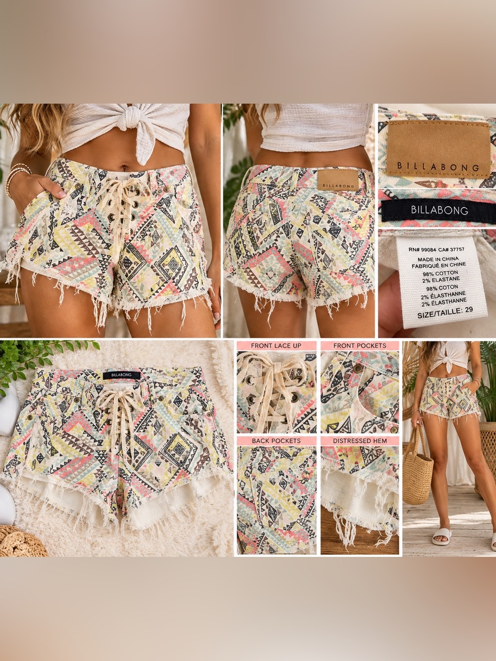Billabong Pastel Aztec Lace-Up Frayed Hem Women's Jean Shorts